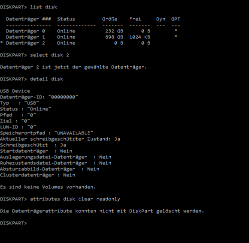 Die Datenträgerattribute konnten nicht mit Diskpart gelöscht werden