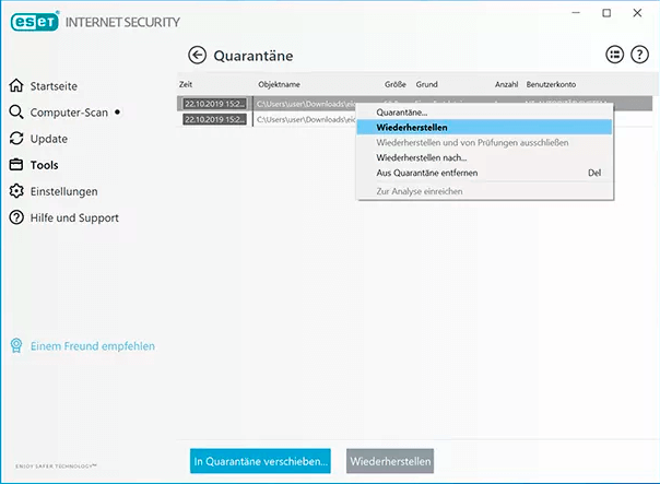 Dateien aus ESET Quarantäne wiederherstellen - Schritt 4.