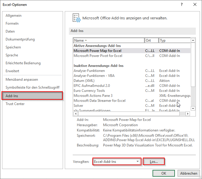 Excel Add-In deaktiveren