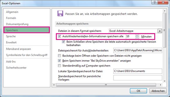 Ändern Sie die Einstellungen für die automatische Wiederherstellung