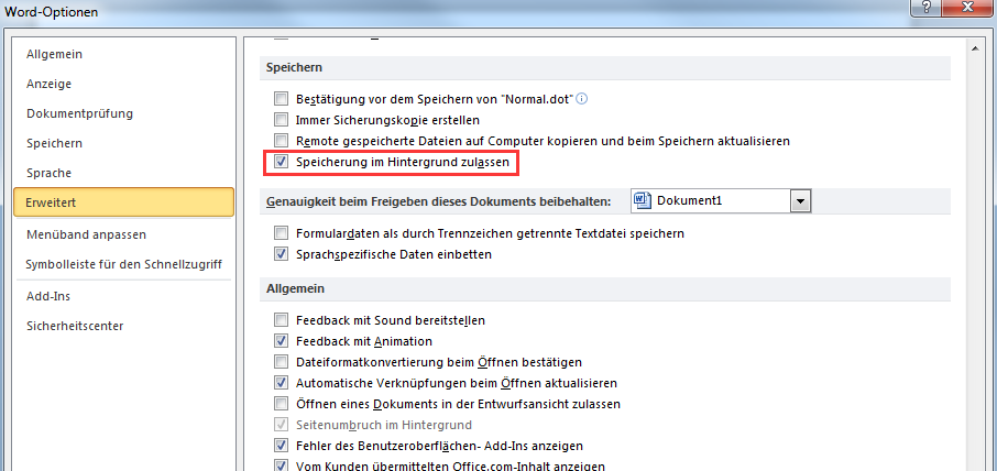 Speicherung im Hintergrund zulassen