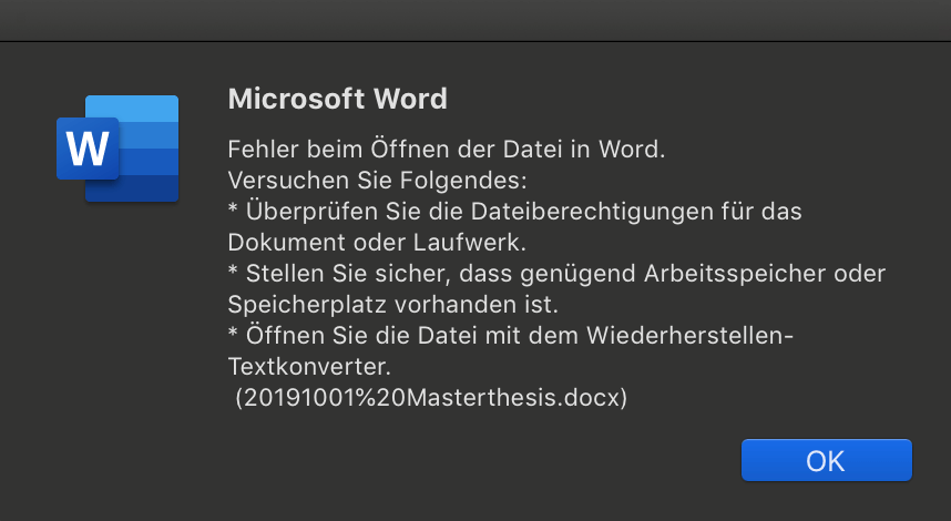 Fehler beim Öffnen der Datei in Word