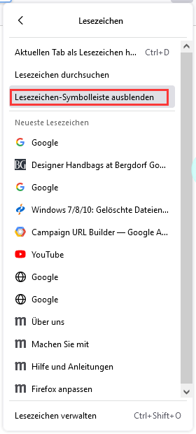 Lesezeichen-Symbolleiste ausblenden