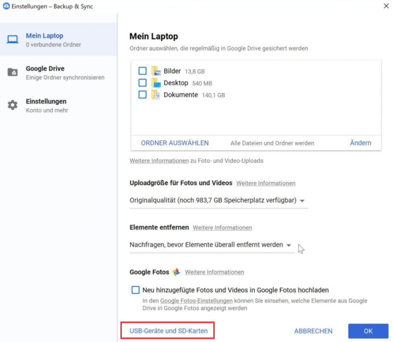 Google Drive Back-up & Sync Einstellungen öffnen