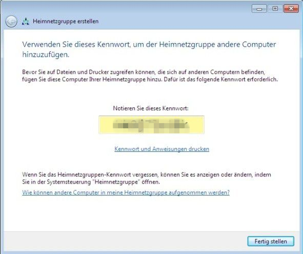 Kennwort eingeben um Heimnetzgruppe hinzufügen