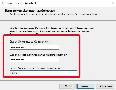 das Passwort des Benutzerkontos zurücksetzen