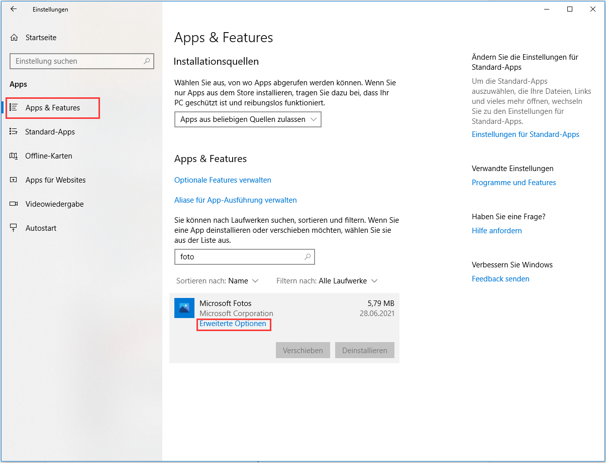 Microsoft Fotos erweiterte Optionen