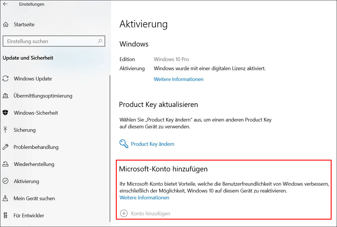 Bei der Aktivierung Windows Konto hinzufügen