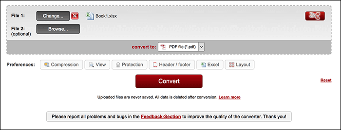 Excel-Dateien Online in PDF konvertiert