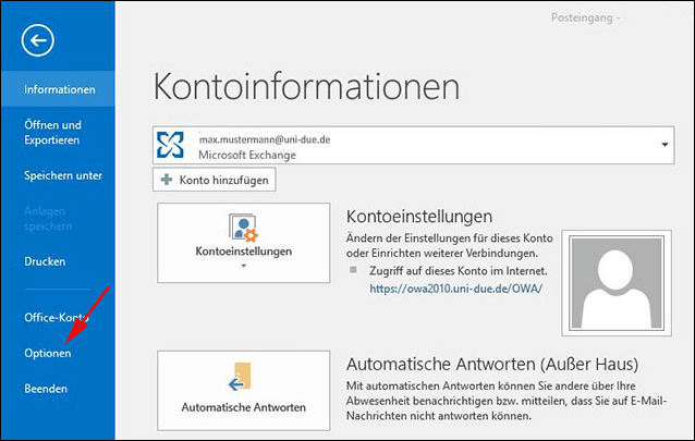 Outlook Optionen auswählen