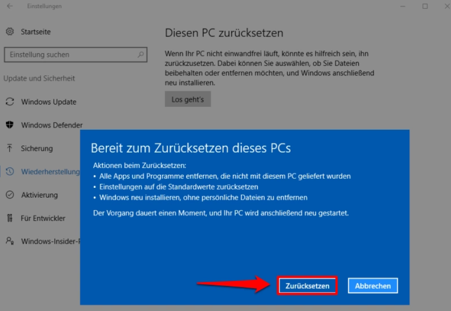 den Computer zurücksetzen
