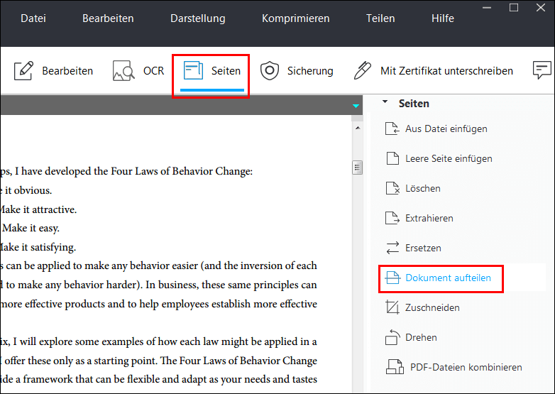 Dokument aufteilen auswählen