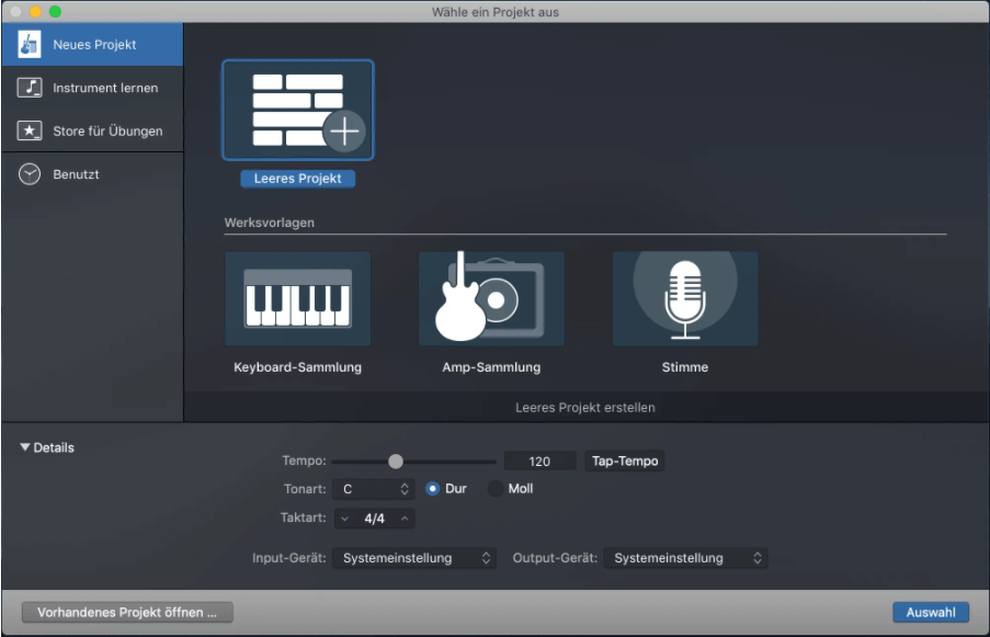 Audio auf Mac mit GarageBand aufnehmen - Ein neues Projekt öffnen