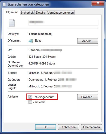 Schreibgeschützt in Eigenschaften deaktivieren