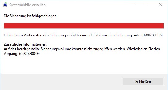 Auf das bereitgestellte Sicherungsvolume konnte nicht zugegriffen werden. Wiederholen Sie den Vorgang