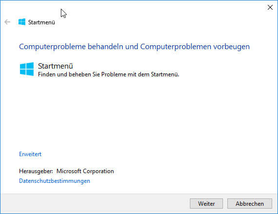 Windows Startmenü Problembehandlung ausführen