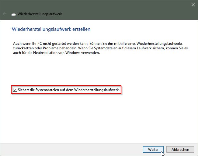Systemdateien auf dem Wiederherstellungslaufwerk sichern