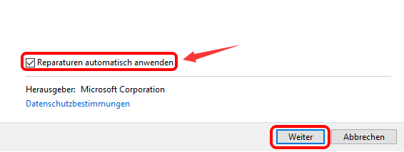 Reparaturen automatisch anwenden in Systemwartung aktivieren