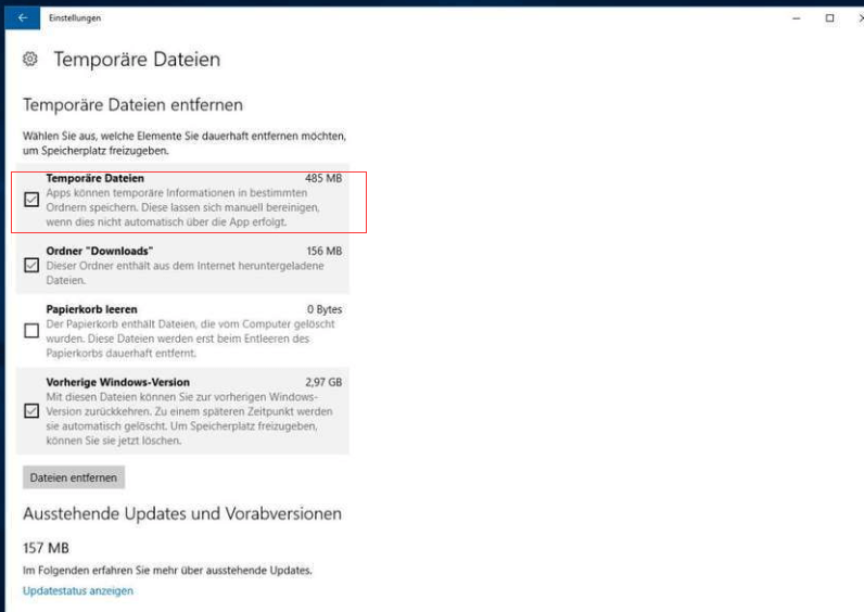 Wählen Sie Temporäre Dateien unter Speicher