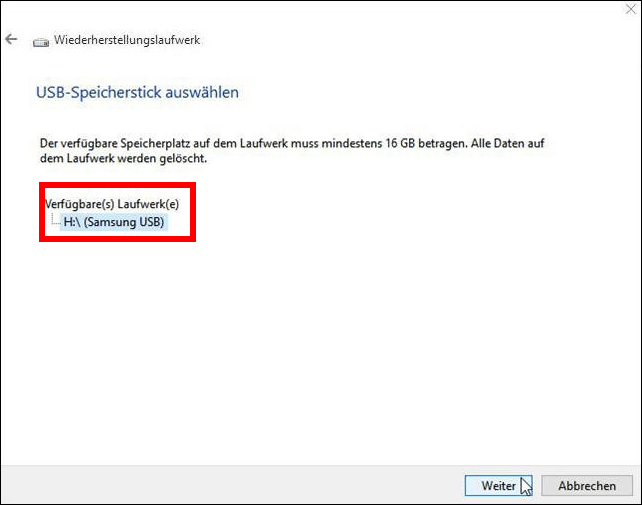 usb-flash-laufwerk auswählen, um eine wiederherstellungs-usb zu erstellen