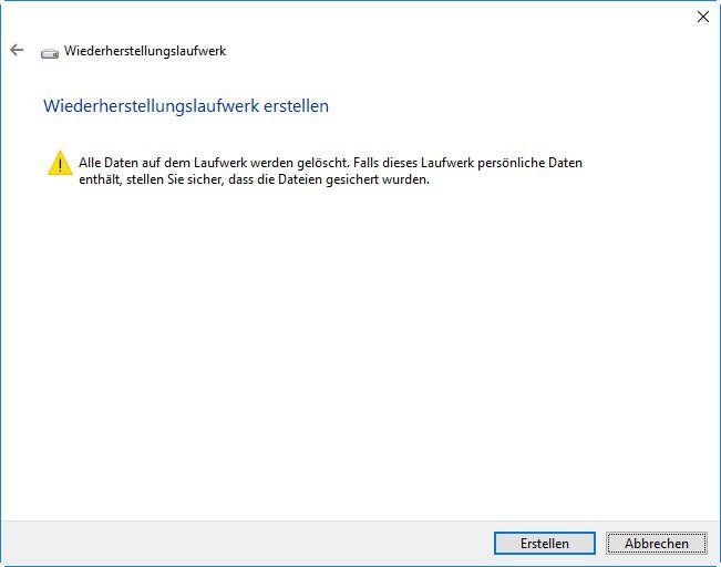 Warnung beim erstellen von Wiederherstellungslaufwerk