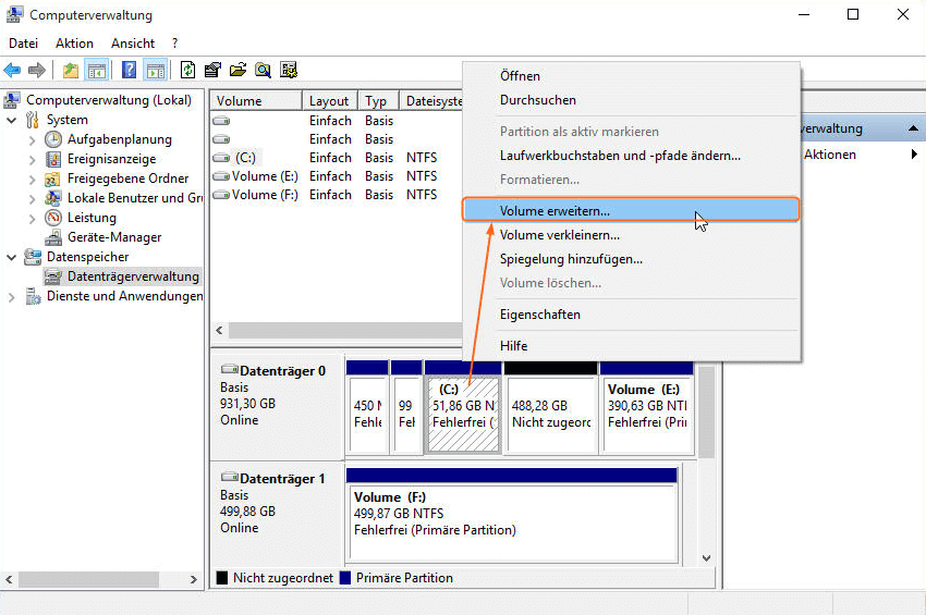Partition C mit Datenträgerverwaltung vergrößern