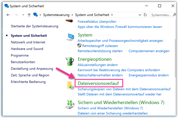 Dateiversionverlauf in Systemsteuerung