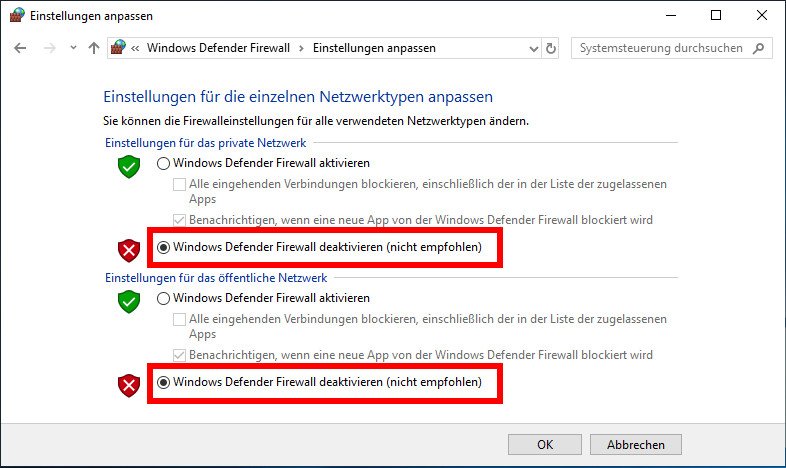 Windows Defender Firewall deaktivieren