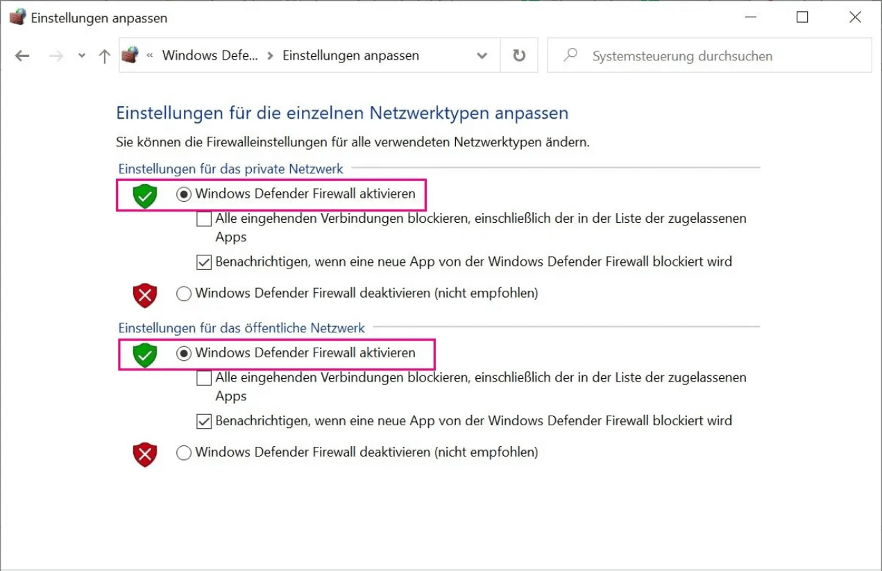 Windows Defender Firewall aktivieren
