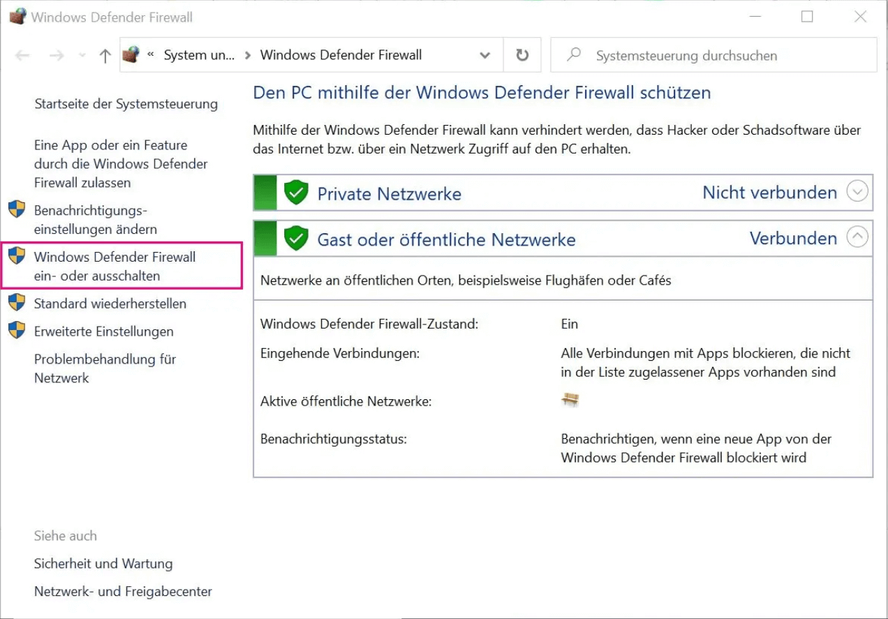 Windows Defender Firewall ein- oder ausschalten