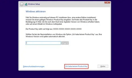 Klicken Sie auf Ich habe keinen Produktschlüssel