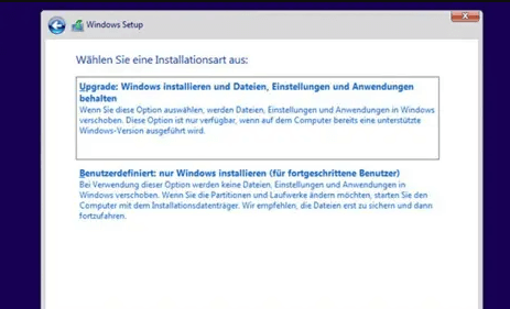 Klicken Sie auf Benutzerdefiniert: Nur Windows installieren (erweitert)