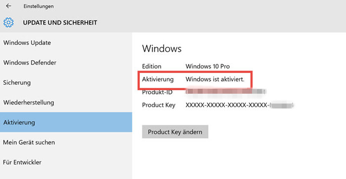 Aktivierung in Update und Sicherheit