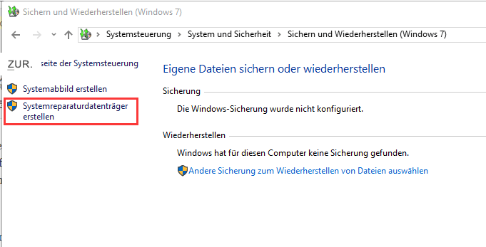 Systemreparaturdatentraeger erstellen