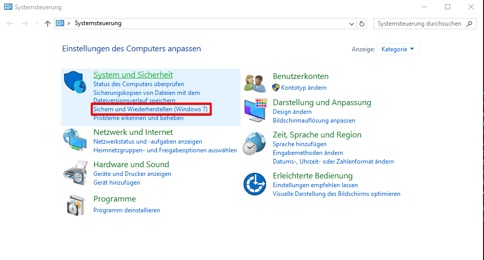 System und Dateien mit dem integrierten Systemabbild-Tool sichern