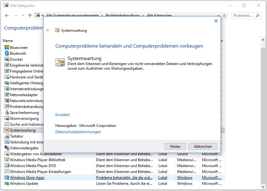 Erweiterte Optionen in Systemwartung