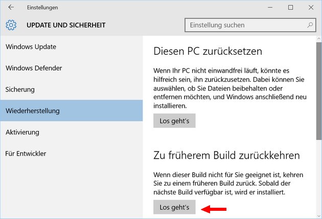 Windows Zu früherem Build zurückkehren