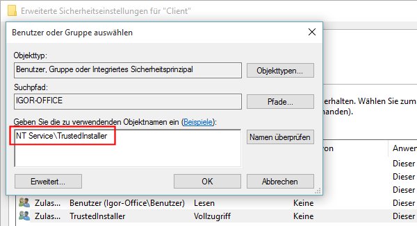 den zuverwendenden Objektnamen eingeben