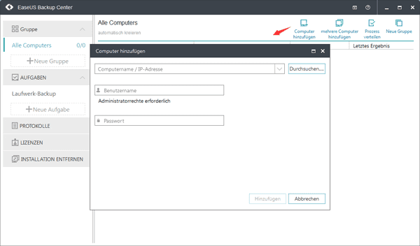 Computer hinzufügen in EaseUS Backup Center