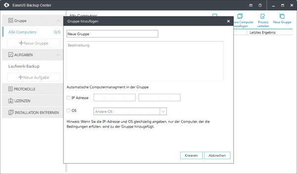 Gruppe hinzufügen in EaseUS Backup Center