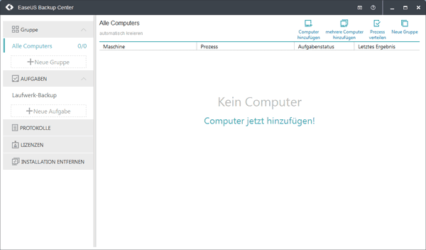 Hauptoberfläche von EaseUS Backup Center