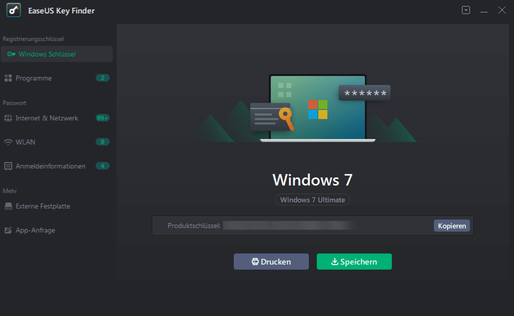 EaseUS Key Finder Benutzeroberfläche