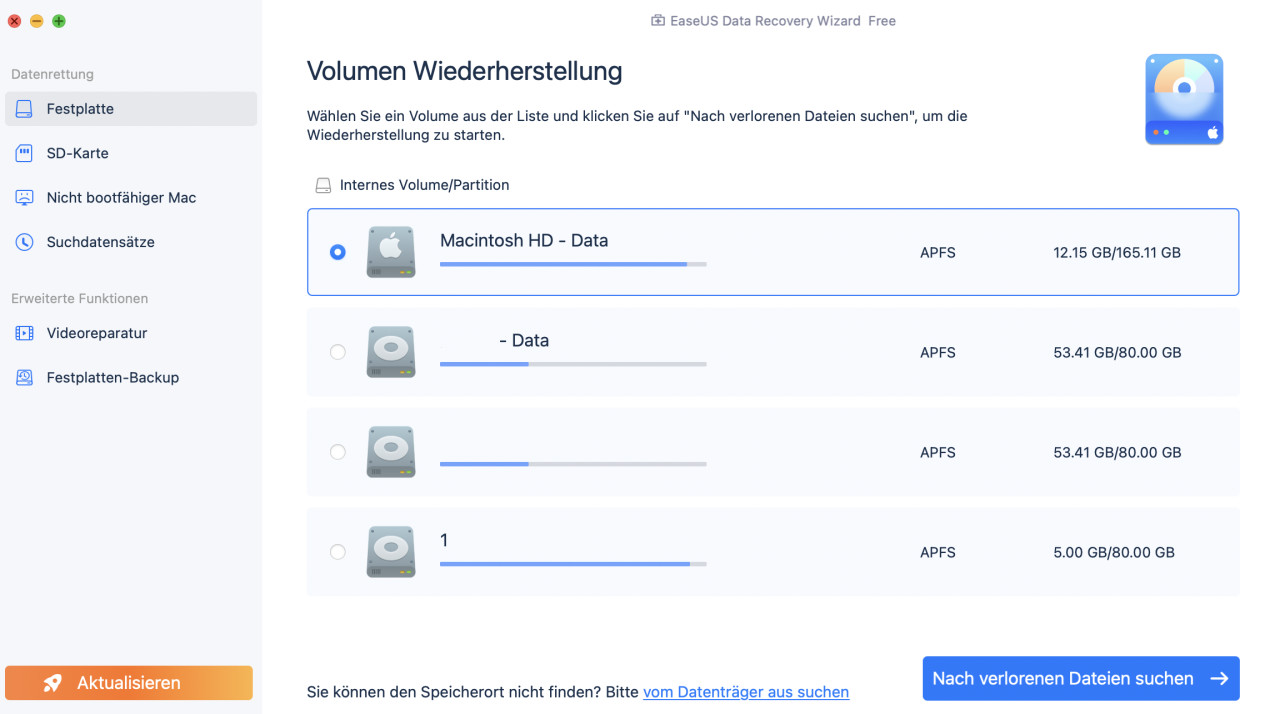 Verlorene Dokumente von neuem MacBook wiederherstellen: wählen Sie Festplatte zum Scan