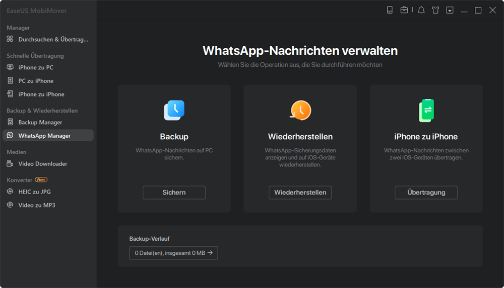 WhasApp Nachrichten von iPhone auf iPhone übertragen - EaseUS MobiMover starten und WhatsApp wählen.