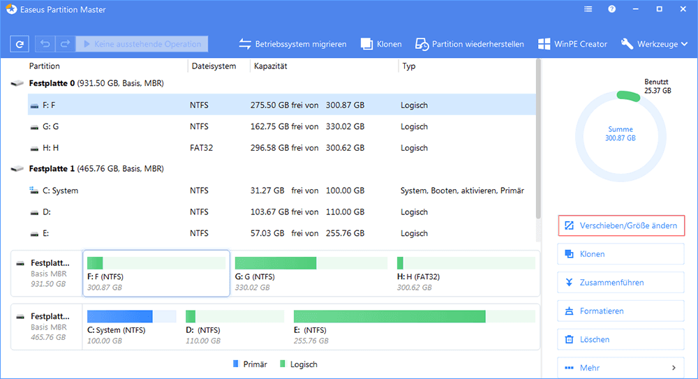 Auf die D: Partition klicken und