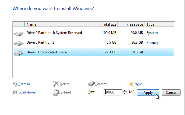 Wählen eine Partition, um Windows 10 zu spechern