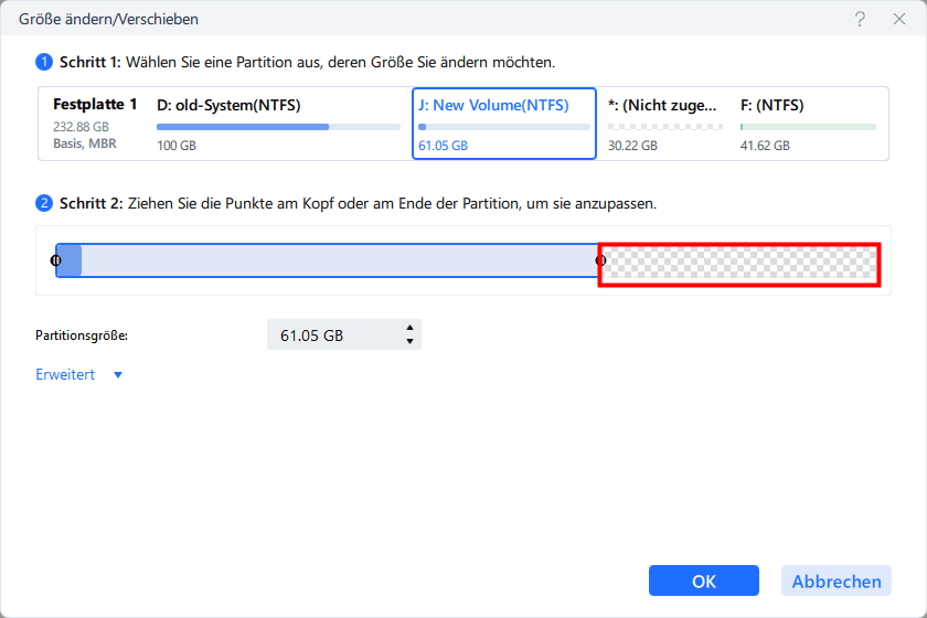 nicht zugeordneten Speicherplatz verschieben Schritt 2