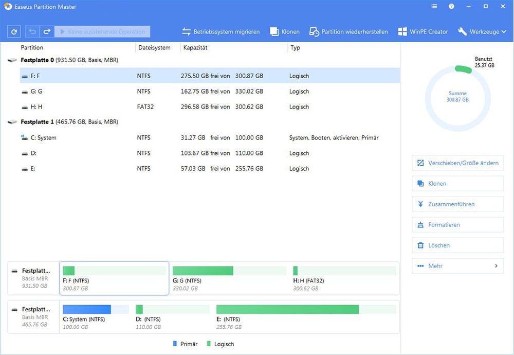 Kostenlose Partitionierungssoftware - EaseUS Partition Master: unverteilten Speicherplatz bekommen