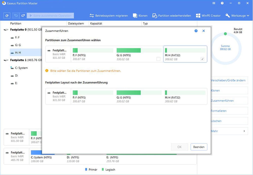 Windows 10 Disketteplatz erweitern durch Partition zusammenführen EaseUS