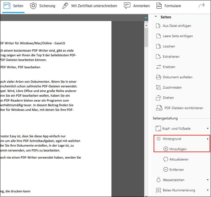 Hintergrund Option auswählen